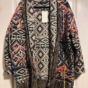ZARA Embroidered Jacquard Western Fringe Oversized Boho Coat Jacket Size:L